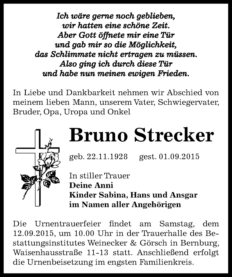  Traueranzeige für Bruno Strecker vom 05.09.2015 aus Mitteldeutsche Zeitung Bernburg