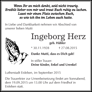 Traueranzeige von Ingeborg Herz von Wochenspiegel Mansfelder Land