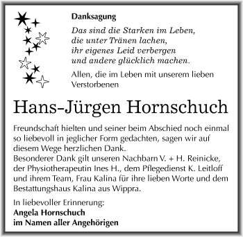 Traueranzeige von Hans-Jürgen Hornschuch von Mitteldeutsche Zeitung Mansfelder Land