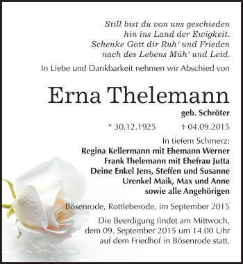 Traueranzeige von Erna Thelemann von Mitteldeutsche Zeitung Sangerhausen