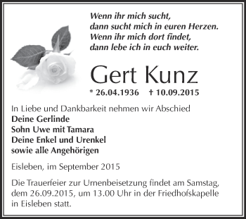Traueranzeige von Gert Kunz von Wochenspiegel Mansfelder Land