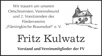 Traueranzeige von Fritz Kulwatz von Super Sonntag Wittenberg