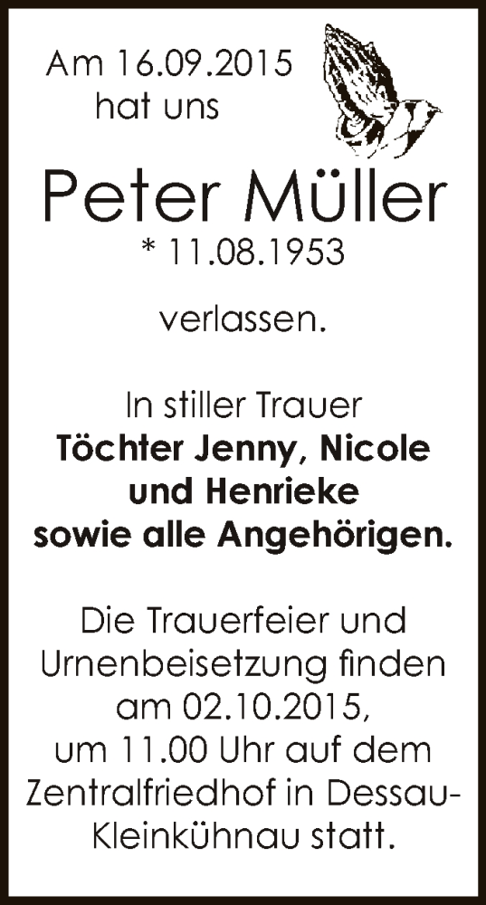  Traueranzeige für Peter Müller vom 26.09.2015 aus WVG - Wochenspiegel Dessau / Köthen