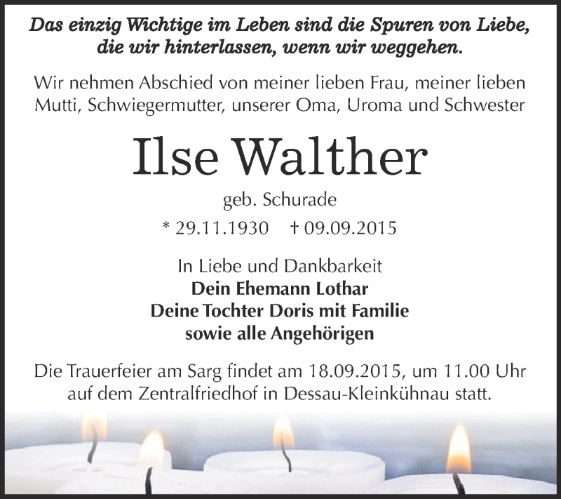  Traueranzeige für Ilse Walther vom 12.09.2015 aus WVG - Wochenspiegel Dessau / Köthen