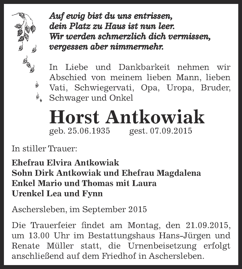  Traueranzeige für Horst Antkowiak vom 19.09.2015 aus Super Sonntag Aschersleben