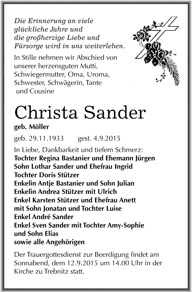  Traueranzeige für Christa Sander vom 09.09.2015 aus Mitteldeutsche Zeitung Merseburg/Querfurt