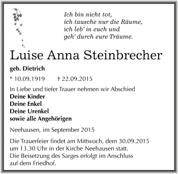 Traueranzeige von Luise Anna Steinbrecher von Mitteldeutsche Zeitung Mansfelder Land