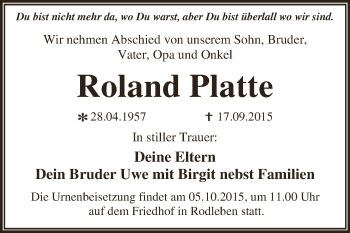 Traueranzeige von Roland Platte von WVG - Wochenspiegel Dessau / Köthen