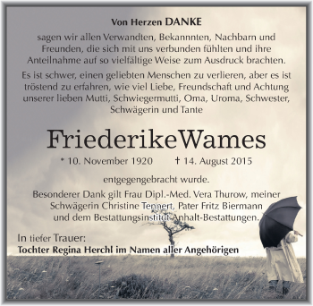 Traueranzeige von Friederike Wames von Mitteldeutsche Zeitung Bitterfeld