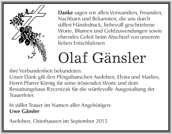 Traueranzeige von Olaf Gänsler von Wochenspiegel Mansfelder Land