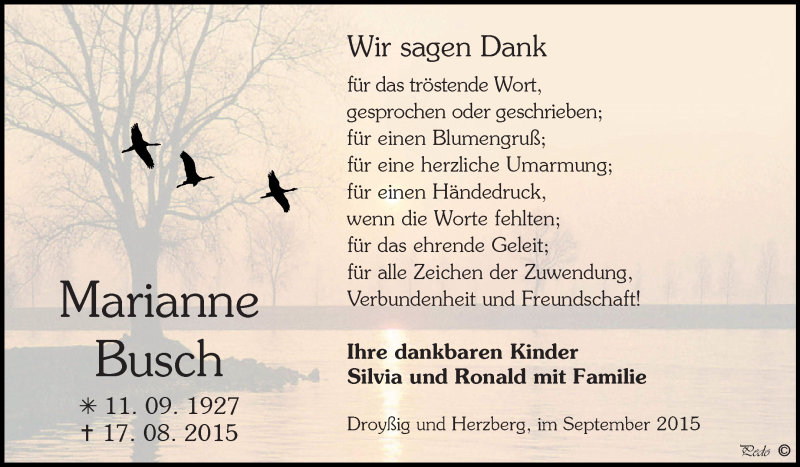  Traueranzeige für Marianne Busch vom 05.09.2015 aus Super Sonntag Zeitz