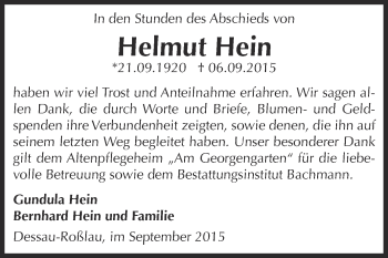 Traueranzeige von Helmut Hein von WVG - Wochenspiegel Dessau / Köthen