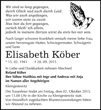 Traueranzeige von Elisabeth Köber von Mitteldeutsche Zeitung Naumburg/Nebra