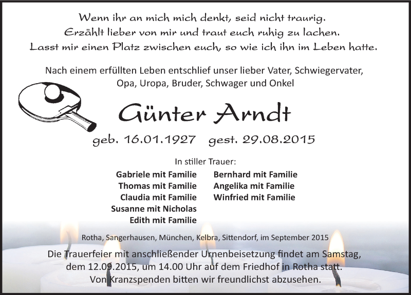  Traueranzeige für Günter Arndt vom 05.09.2015 aus Mitteldeutsche Zeitung Sangerhausen