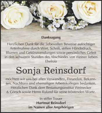 Traueranzeige von Sonja Reinsdorf von Super Sonntag Bernburg