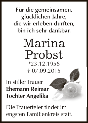 Traueranzeige von Marina Probst von WVG - Wochenspiegel Dessau / Köthen