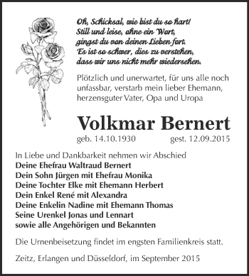 Traueranzeige von Volkmar Bernert von Super Sonntag Zeitz