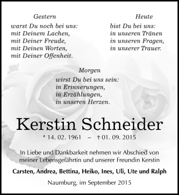 Traueranzeige von Kerstin Schneider von Mitteldeutsche Zeitung Naumburg/Nebra