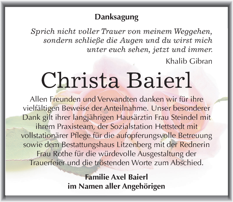  Traueranzeige für Christa Baierl vom 19.09.2015 aus Mitteldeutsche Zeitung Mansfelder Land