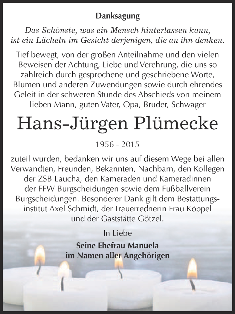  Traueranzeige für Hans-Jürgen Plümecke vom 09.09.2015 aus WVG - Wochenspiegel NMB / WSF / ZTZ