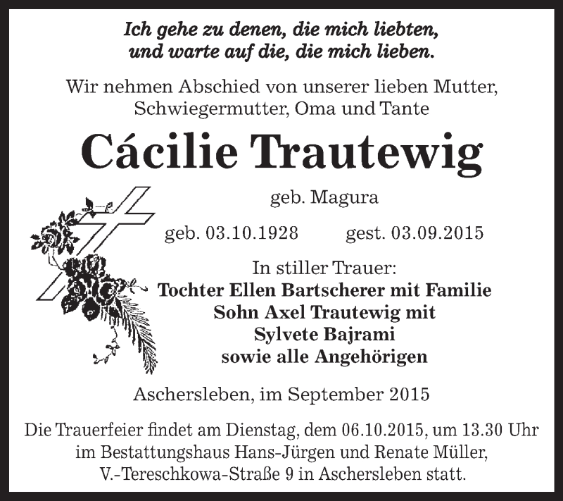  Traueranzeige für Cácilie Trautewig vom 16.09.2015 aus Super Sonntag Aschersleben