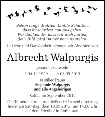Traueranzeige von Albrecht Walpurgis von Super Sonntag SGH Mansf. Land
