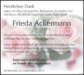 Traueranzeige von Frieda Ackermann von WVG - Wochenspiegel NMB / WSF / ZTZ