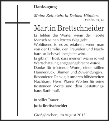 Traueranzeige von Martin Brettschneider von WVG - Wochenspiegel Merseburg