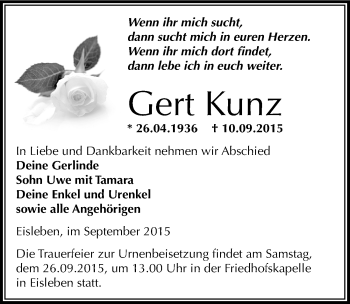Traueranzeige von Gert Kunz von Mitteldeutsche Zeitung Mansfelder Land