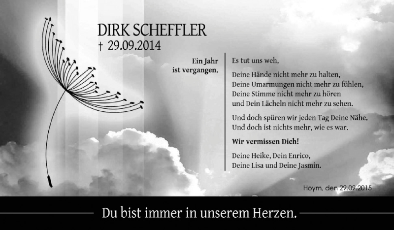  Traueranzeige für Dirk Scheffler vom 30.09.2015 aus Super Sonntag Aschersleben