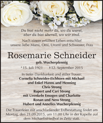 Traueranzeige von Rosemarie Schneider von Mitteldeutsche Zeitung Zeitz