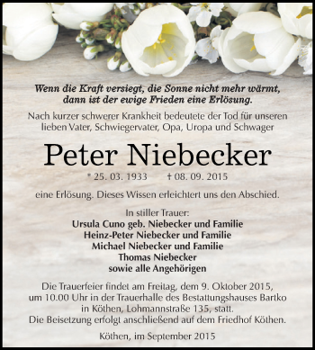 Traueranzeige von Peter Niebecker von WVG - Wochenspiegel Dessau / Köthen