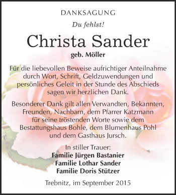 Traueranzeige von Christa Sander von Super Sonntag Merseburg