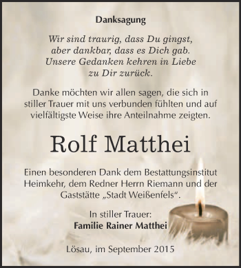 Traueranzeige von Rolf Matthei von WVG - Wochenspiegel NMB / WSF / ZTZ