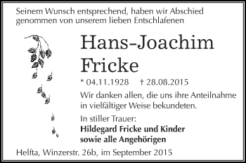 Traueranzeige von Hans-Joachim Fricke von Wochenspiegel Mansfelder Land