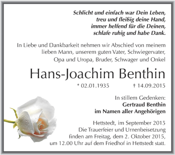 Traueranzeige von Hans-Joachim Benthin von Wochenspiegel Mansfelder Land