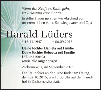 Traueranzeige von Harald Lüders von WVG - Wochenspiegel Wittenberg