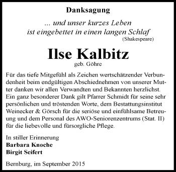 Traueranzeige von Ilse Kalbitz von Mitteldeutsche Zeitung Bernburg