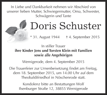Traueranzeige von Doris Schuster von WVG - Wochenspiegel Dessau / Köthen