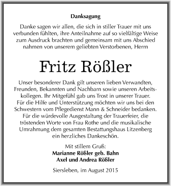Traueranzeige von Fritz Rößler von Mitteldeutsche Zeitung Mansfelder Land