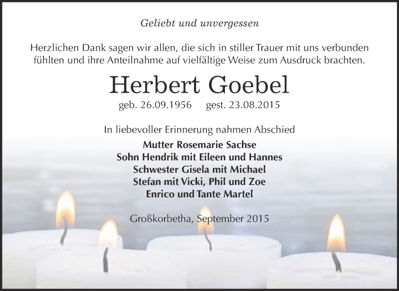  Traueranzeige für Herbert Goebel vom 23.09.2015 aus WVG - Wochenspiegel NMB / WSF / ZTZ