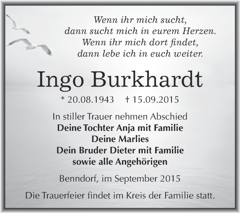  Traueranzeige für Ingo Burkhardt vom 23.09.2015 aus Wochenspiegel Mansfelder Land