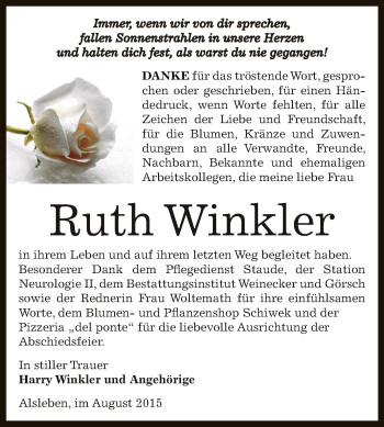 Traueranzeige von Ruth Winkler von Super Sonntag Bernburg