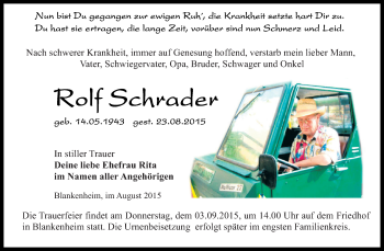 Traueranzeige von Rolf Schrader von WVG - Wochenspiegel SGH