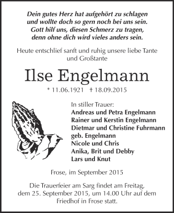 Traueranzeige von Ilse Engelmann von Super Sonntag Aschersleben