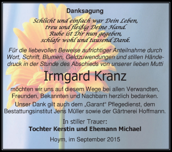 Traueranzeige von Irmgard Kranz von Super Sonntag Aschersleben