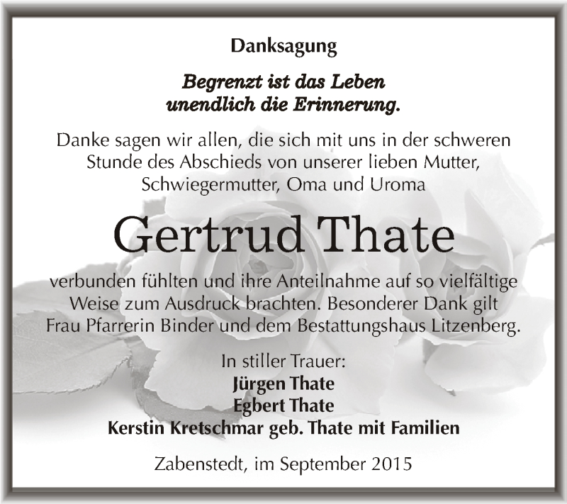  Traueranzeige für Gertrud Thate vom 16.09.2015 aus Wochenspiegel Mansfelder Land
