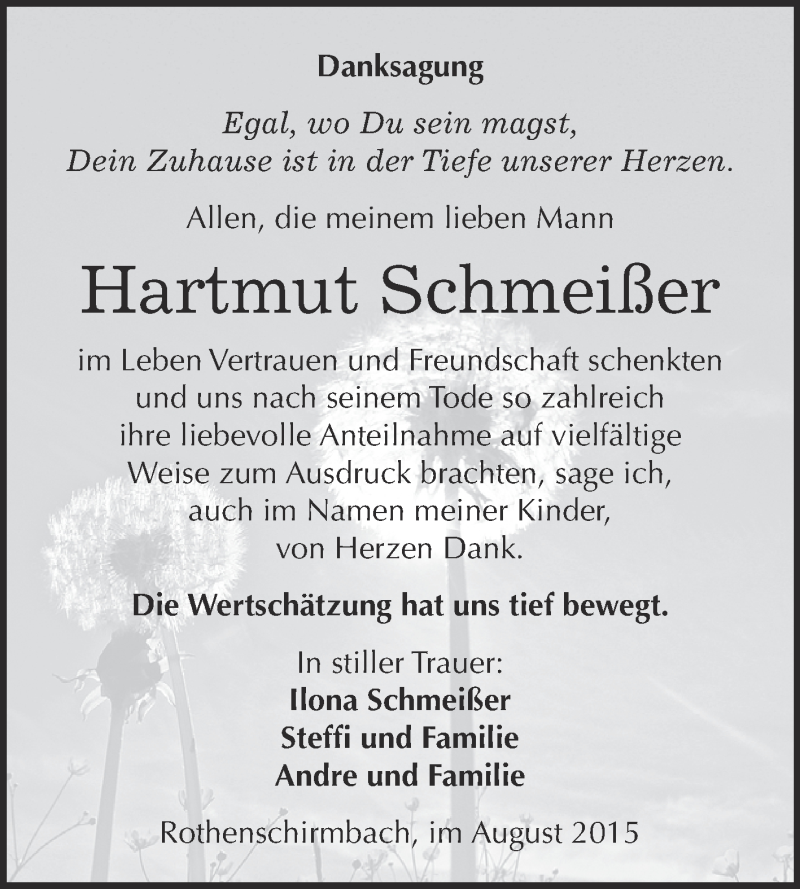  Traueranzeige für Hartmut Schmeißer vom 16.09.2015 aus Wochenspiegel Mansfelder Land