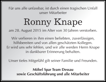 Traueranzeige von Ronny Knape von Super Sonntag Merseburg
