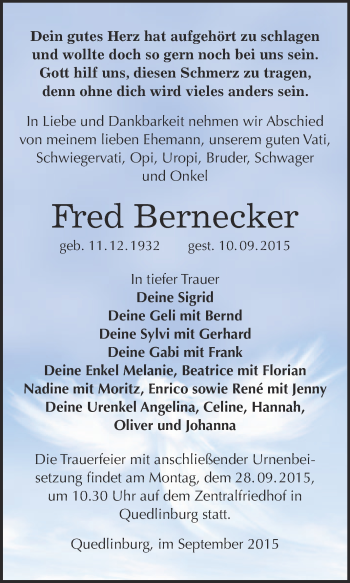 Traueranzeige von Fred Bernecker von WVG - Wochenspiegel Quedlinburg